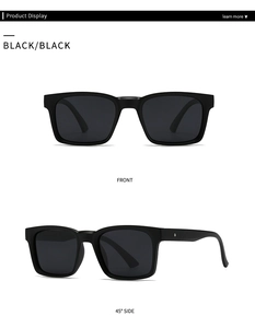 Vorderansicht und 45-Grad-Seitenansicht der modernen quadratischen Sonnenbrille in Schwarz