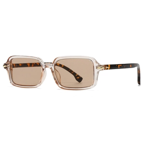 Retro rectangle sunglasses with champagne frame, brown lenses, and tortoiseshell temples