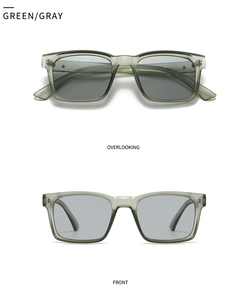 Vorder- und Draufsicht der modernen quadratischen Sonnenbrille in grau-grünem Gestell