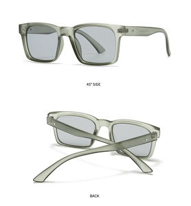 Detailansicht der quadratischen olivgrünen Sonnenbrille mit Seiten- und Rückansicht