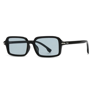 Modern square black frame sunglasses with light blue translucent lenses and silver accents