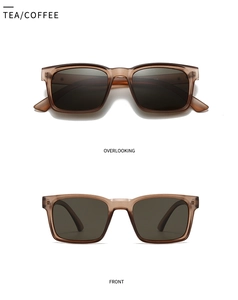 Vorder- und Draufsicht der quadratischen Retro-Sonnenbrille mit transparentem Teerahmen