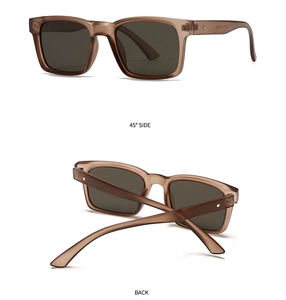 Detaillierte Seiten- und Rückansicht der eckigen, braun-transparenten Retro-Sonnenbrille