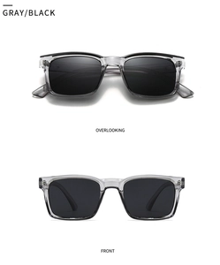 Graue eckige Sonnenbrille mit schwarzen Gläsern, Front- und Draufsicht-Detail