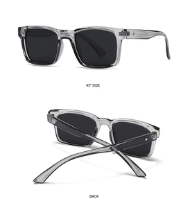 Detailansicht der quadratischen Retro-Sonnenbrille in Transparentgrau mit Seitenansicht