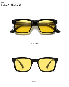 Vertikale Ansicht der Retro-Sonnenbrille mit schwarzem Rahmen und gelben Gläsern