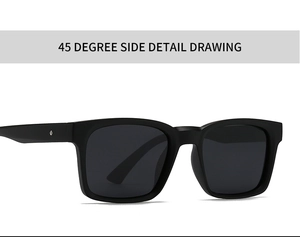 Moderne quadratische Sonnenbrille in Schwarz-Matt mit Metalldetail und dunklen Gläsern