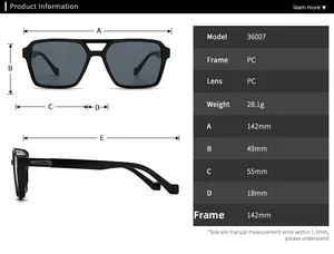 Detailed size guide and technical specifications for square PC frame sunglasses 36007