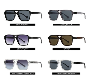 Detail view of retro square double-bridge sunglasses in six trendy color variants