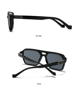Detail view of square black sunglasses showing 90-degree side and back with arrow accents