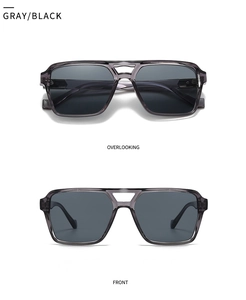 Front and top view of gray square polarized sunglasses with double bridge pilot frame