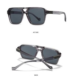 Detail view of transparent grey square sunglasses with silver metal temple accents