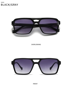 Detail view showing front and top angles of black square aviator sunglasses with gradient lenses