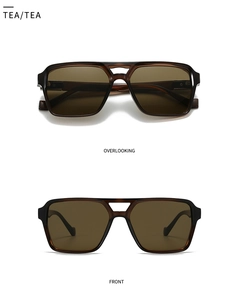 Detail view of retro tea color square sunglasses with dual bridge and transparent frame