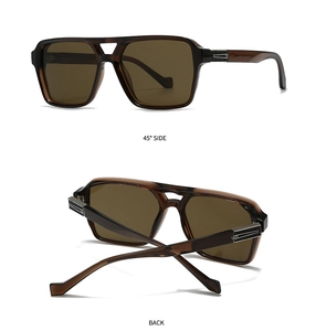 Detail view of tortoiseshell square sunglasses with silver metal hinges and brown lenses