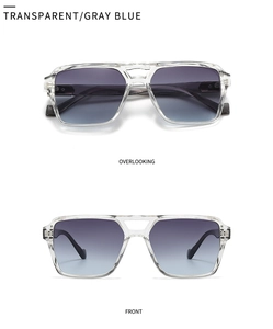 Front and overlooking views of transparent square sunglasses with gradient gray blue lenses