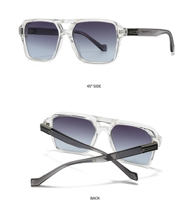 Detail view of square sunglasses with gradient lenses and decorative metal hinges
