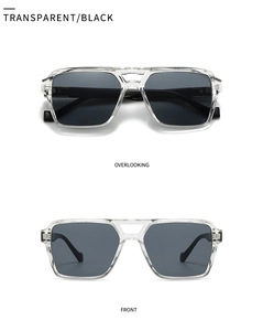 Front and top view of transparent square frame sunglasses with dark black lenses