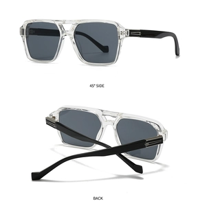 Detail view showing 45-degree side and back of square sunglasses with transparent frame