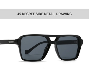 Side view of square sunglasses with silver hinge detailing and dark grey lenses