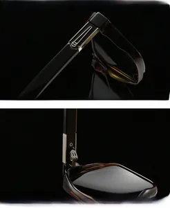 Detail of tortoise shell sunglasses hinges and metallic accents on dark frame