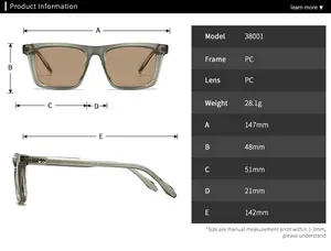 Detailed size chart for square sunglasses showing lens width and temple length in mm