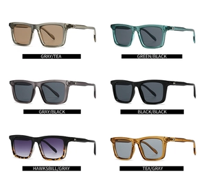 Collage of square frame sunglasses showing six color variants with metal temple details