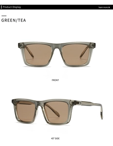 Front and side view of square green tea sunglasses with translucent frames and metal detail