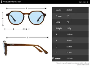 Detailed size chart for retro hexagonal sunglasses showing frame width and temple length