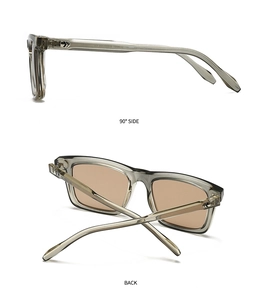 Side and back view of vintage square sunglasses with translucent grey frames and rivets