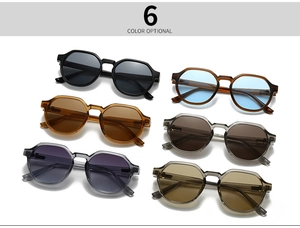 Flat lay of vintage square sunglasses in six diverse colors including black and tea tint