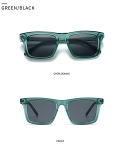 Front and top view of green square sunglasses with dark lenses and studded metal details