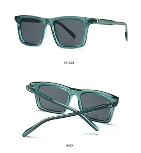 Detailed views of square teal sunglasses featuring metal arrow accents and dark lenses
