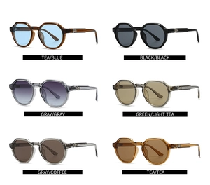 Detailed grid of vintage square sunglasses in six assorted colors with metal C-hinges