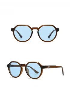 Dual view of tea-colored square frames with blue lenses and metal hinge details