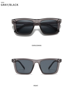 Front and top views of square translucent grey sunglasses with dark polarized lenses