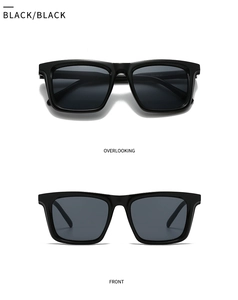 Detail view showing black square sunglasses with polished frame from front and top angles