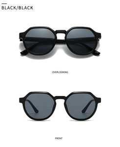 Front and top view of black square sunglasses with decorative rivets and dark lenses