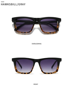 Detail view of square black and hawksbill sunglasses with gray gradient lenses