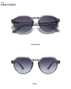 Macro view of gray translucent square sunglasses with gradient lenses from front and top