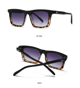 Detail view of square black and tortoise shell sunglasses with purple gradient lenses