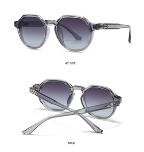 Detail view of hexagonal sunglasses featuring a grey frame and metal arrow temple hinge