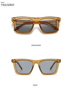 Front and top view of tea-colored square sunglasses with gray lenses and rivet detail
