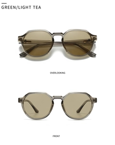 Detailed views of translucent green square sunglasses with light tea tinted lenses