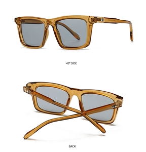 Dual view of retro amber tortoiseshell sunglasses with gray lenses and silver arrow detail