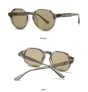 Detail view of 45-degree side and back of transparent grey sunglasses with silver hinges