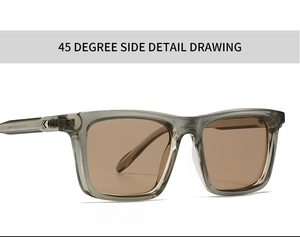45-degree side view of translucent grey square sunglasses with V-shaped metal accents