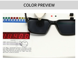 Detail view of UV400 protection test for square black frame sunglasses in a lab setting