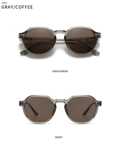 Front and top view of gray translucent polygon sunglasses with coffee lenses
