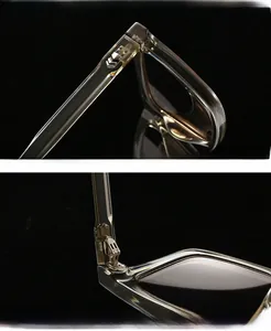 Close-up of durable metal hinge and transparent tea-colored frame on trendy sunglasses